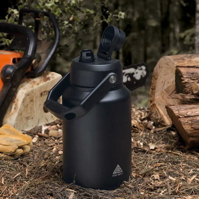Black matte insulated jug with flip-top lid and handle by ion grit for work uniforms and workwear hydration needs