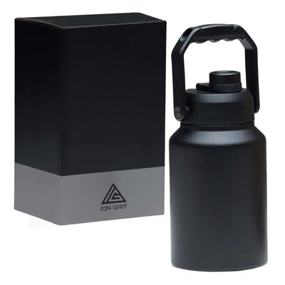 Black matte-finish ion grit hydrasite 1.9l mega bottle with handle and screw-on lid perfect for work uniforms or workwear