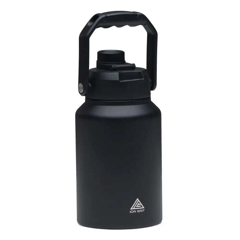 Black matte-finish insulated hydrasite 1.9l mega bottle with sturdy handle and ion grit logo perfect for workwear use