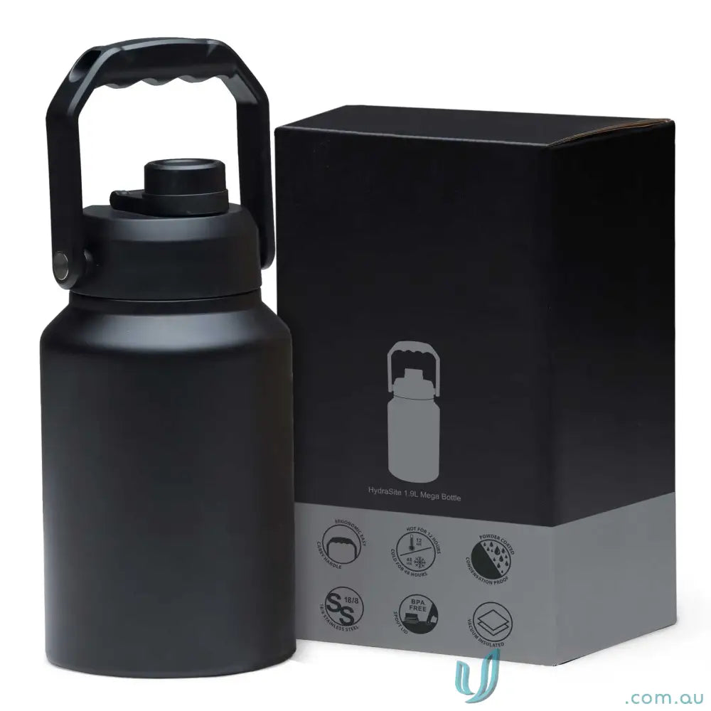 Black stainless steel HydraSite 1.9L mega bottle with handle and twist-on leak-proof lid