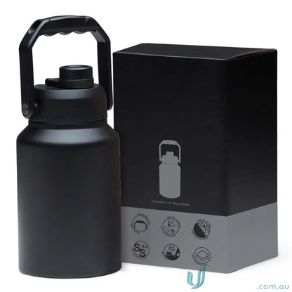 Black stainless steel HydraSite 1.9L mega bottle with handle and twist-on leak-proof lid