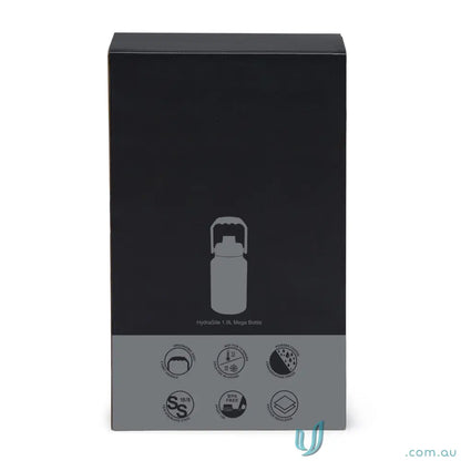 Black box with diagram and icons of HydraSite 1.9L Mega Bottle stainless steel twist-on leak-proof