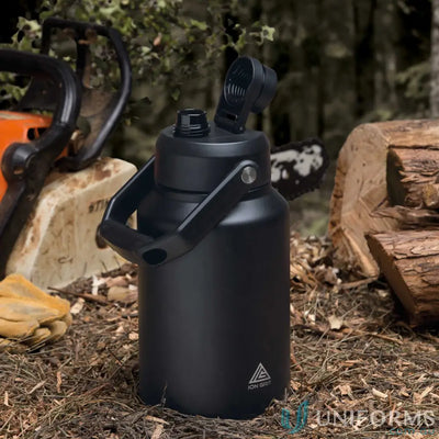 Black stainless steel HydraSite 1.9L mega bottle with twist‑on leak‑proof spout lid