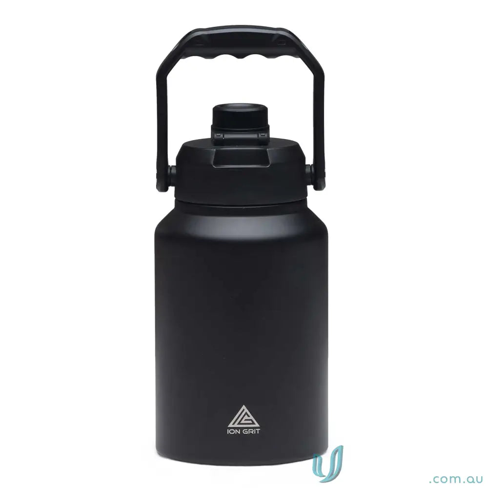 Black stainless steel HydraSite Mega Bottle with handle and twist‑on leak‑proof lid