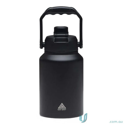 Black stainless steel HydraSite Mega Bottle with handle and twist‑on leak‑proof lid