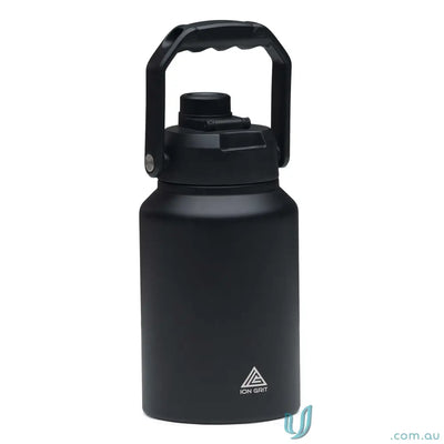 Black stainless steel HydraSite 1.9L mega bottle with handle and twist‑on leak‑proof lid