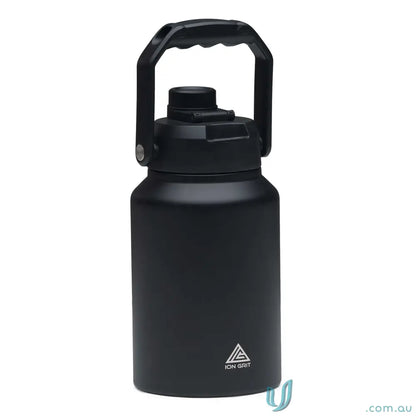 Black stainless steel HydraSite 1.9L mega bottle with handle and twist‑on leak‑proof lid