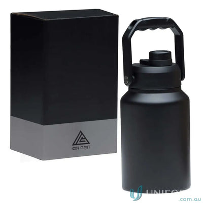 Black stainless steel HydraSite 1.9L Mega Bottle with handle and box, twist-on leak-proof lid