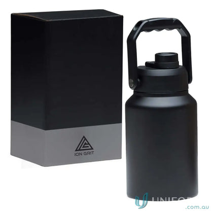 Black stainless steel HydraSite 1.9L Mega Bottle with handle and box, twist-on leak-proof lid