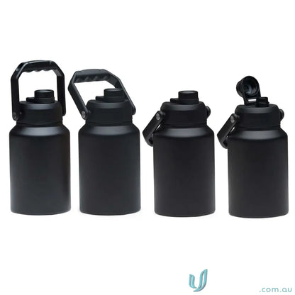 Four black stainless steel HydraSite Mega Bottles with twist‑on leak‑proof lids