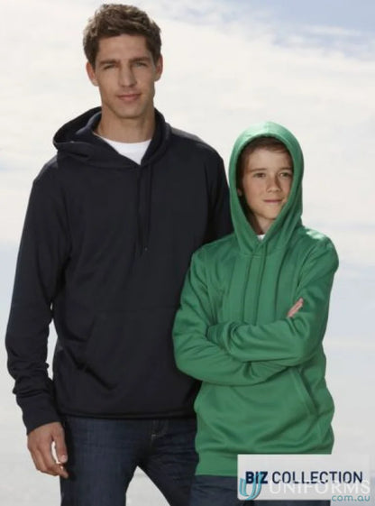 Two people wearing Hyper Hoodie sw239ml in polyester performance fleece, one dark blue and one green