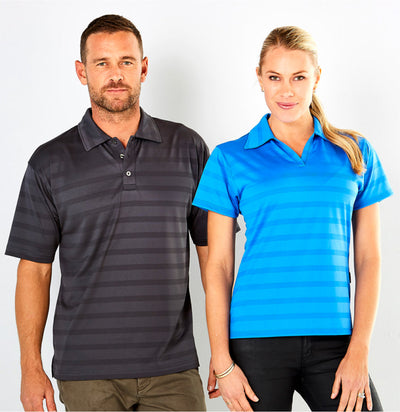 Ice Cool mens womens polo uniforms in gray blue stripes