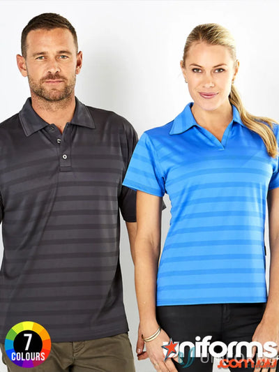 Two people in Ice Cool Polo uniforms showing off striped workwear shirts