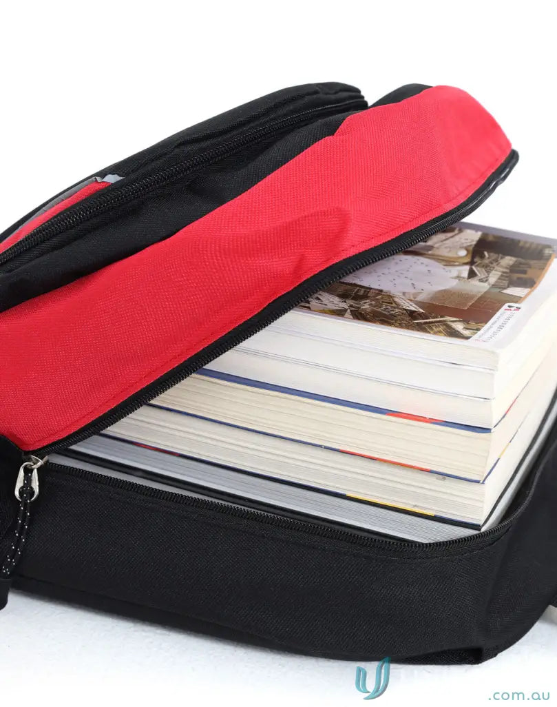 Overstuffed red and black Iconic Promo Backpack with adjustable shoulder straps