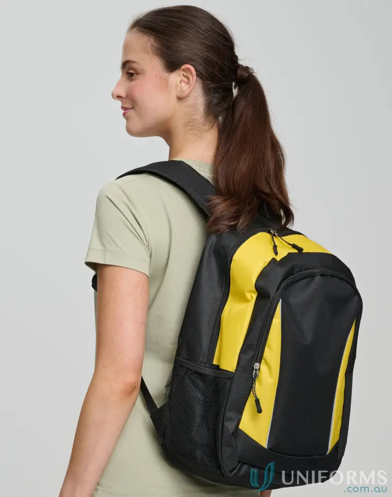 Black and yellow Iconic Promo Backpack B5030 with adjustable shoulder straps for style