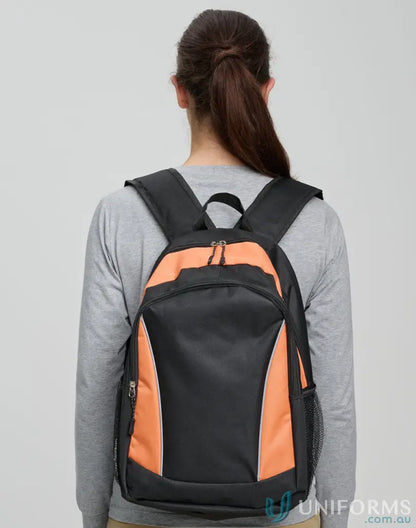 Black and orange Iconic Promo Backpack with adjustable shoulder straps and promo backpack B5030