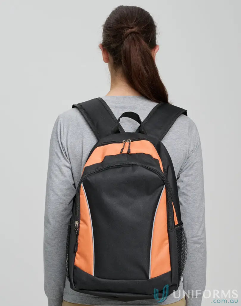 Black and orange Iconic Promo Backpack with adjustable shoulder straps and promo backpack B5030