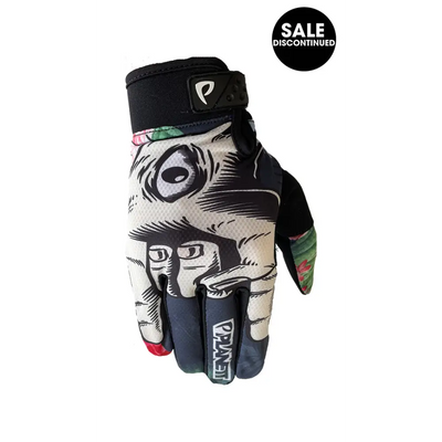 Black and white icu glove motorcycle glove with colorful floral accents and stylized face on back, perfect for workwear uniforms
