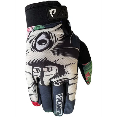 Back of black and white icu glove with red fingertips and green floral design perfect for workwear uniforms