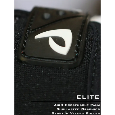 Black fabric patch with white stylized eye logo and stitched edges on icu glove for workwear and uniforms