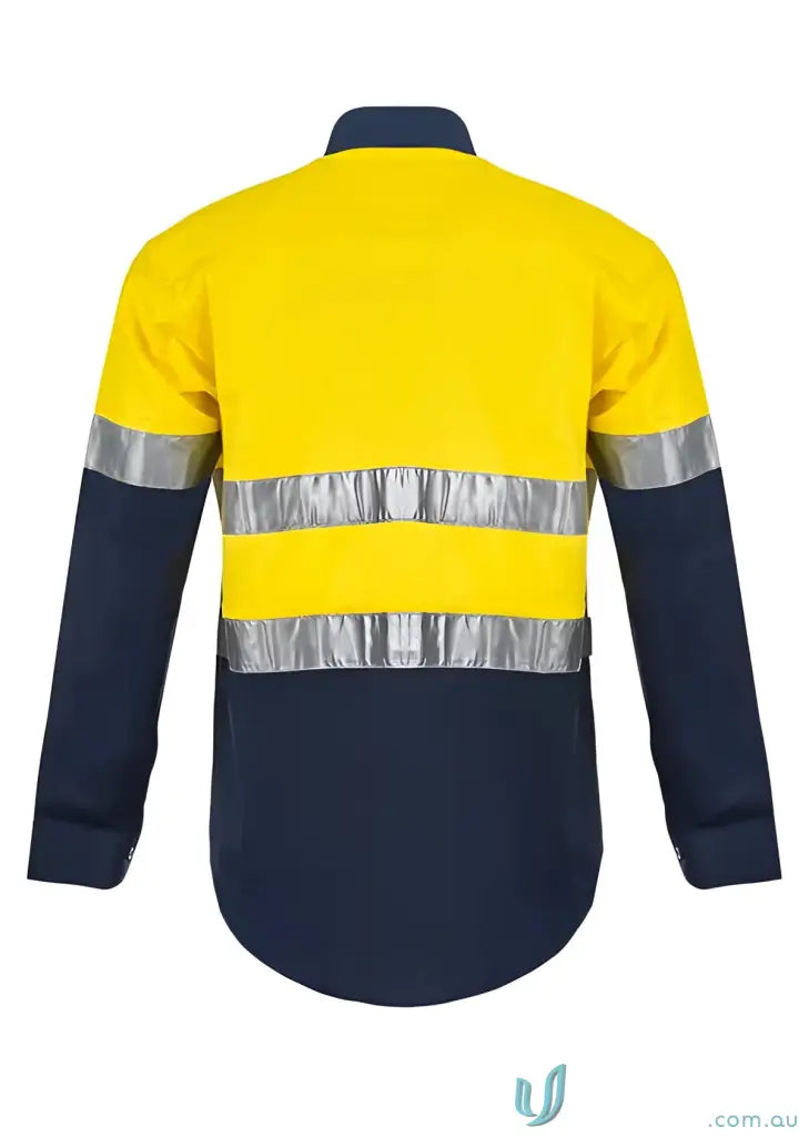 Yellow and blue reflective work shirt with reinforced stress and CSR tape for uniforms