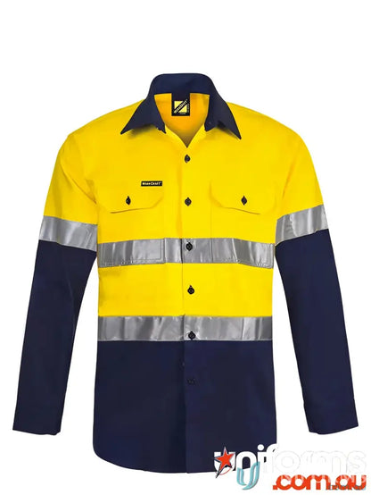 Yellow and navy high-vis cotton shirt with reinforced stress and reflective tape for uniforms