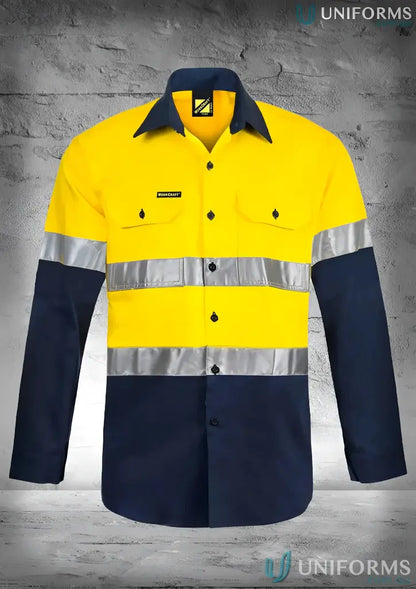 Yellow and navy Blue high-visibility Cotton Shirt With CSR Tape, reinforced stress, reflective tape for uniforms
