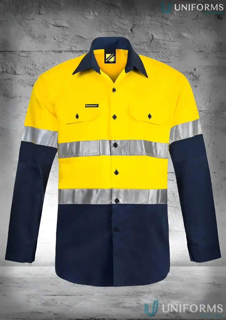Yellow and navy Blue high-visibility Cotton Shirt With CSR Tape, reinforced stress, reflective tape for uniforms