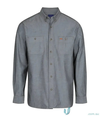 Gray long sleeve industrial chambray work environment shirt displayed in style