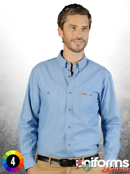 Blue industrial chambray long sleeve shirt perfect for work environments