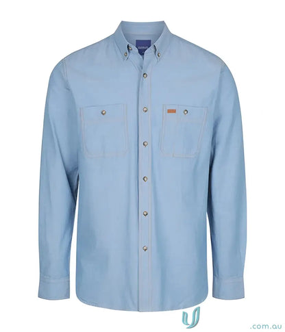 Light blue industrial chambray long sleeve shirt for work environments