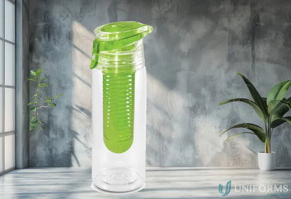 Clear water bottle with green infuser for workwear and uniforms, 750ml Tritan bottle