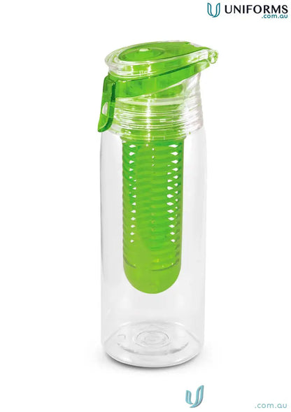 Clear water bottle with green infuser for fresh hydration and workwear style