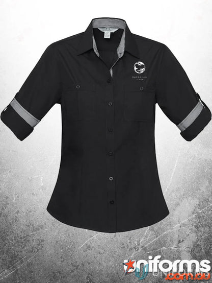 Black button-down work shirt from INKSTONE Ladies workwear collection, perfect for uniforms