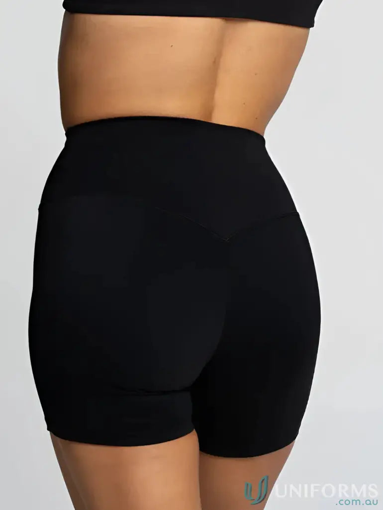 Black high-waisted athletic shorts with invisible scrunch for workouts and casual wear