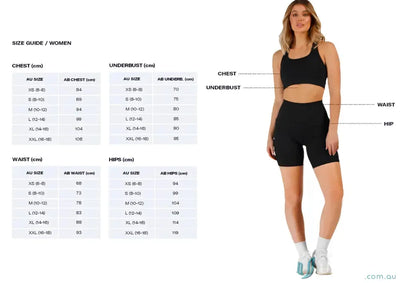Women’s clothing size guide for Invicible Scrunch Riviera Leggings with invisible scrunch details