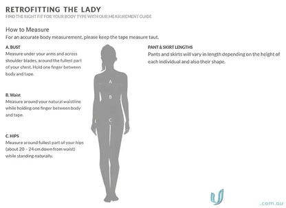 Body measurement guide for IOP EMB Ladies Extended Dress workwear and uniforms