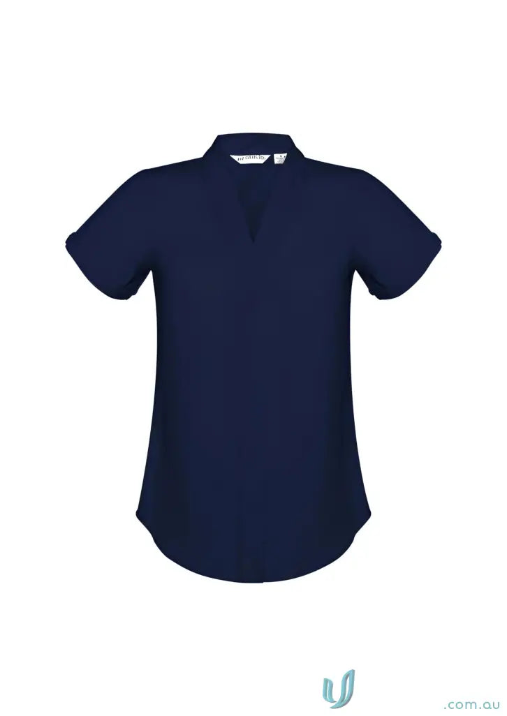 Navy blue IOP Ladies SS Blouse with V-neck and rolled cuffs, perfect for workwear or uniforms