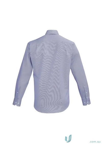 Light blue and white striped cotton long-sleeve shirt for workwear or uniforms