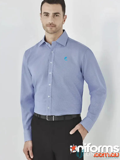 Man in light blue cotton long sleeve shirt with logo, perfect workwear or uniform
