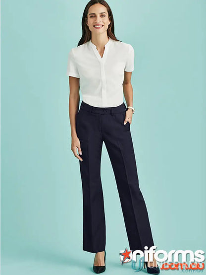 Woman modeling IOP Ladies Relaxed Fit Straight Leg Pant with white blouse