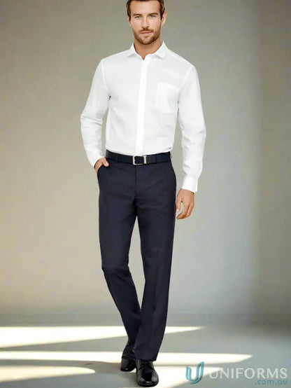 Man wearing white button-down shirt with dark blue IOP Mens Flat Front Pant work uniform