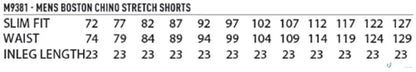 Men’s Boston Chino Shorts size chart for IOP Stretch SlimFit Boston Chino Shorts M9381 men’s stretch