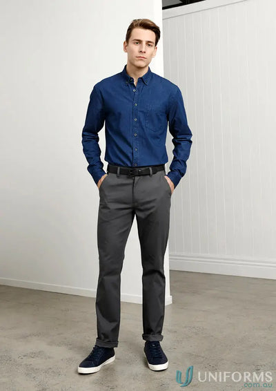 Man in blue shirt and gray IOP Stretch Chino Pants from Biz Collection Lawson bs724m