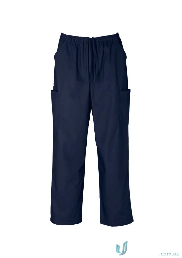 Dark blue IOP Unisex Cargo Scrub Pant with elastic waistband and cargo pockets, style features two