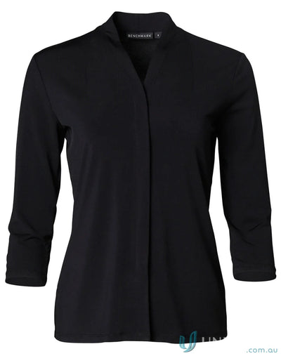 Black ladies Isabel stretch knit top with 3/4 sleeves, V-neck, and folded collar