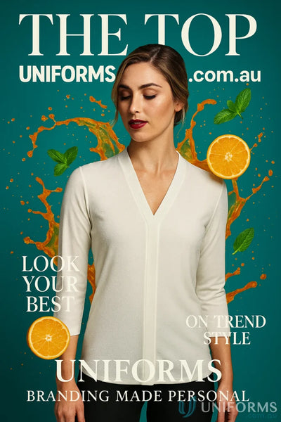 Woman modeling ladies Isabel stretch knit top in light color for winning spirit ladies