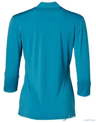 Ladies Isabel Stretch Knit Top in teal blue with high collar and three-quarter sleeves