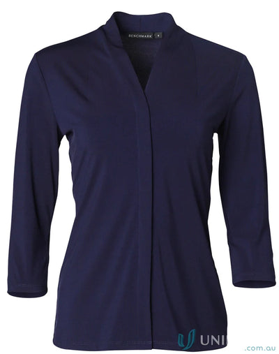 Ladies Isabel Stretch Knit Top in navy blue with V-neck and front seam for a stylish look