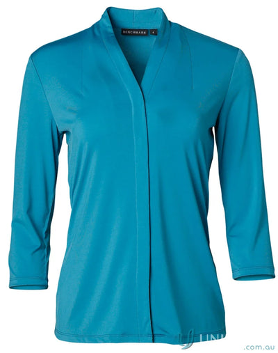 Ladies Isabel Stretch Knit Top in vibrant teal with three-quarter sleeves for a winning spirit ladies look